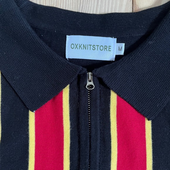 OXXKNITSTORE Mens Knit Striped Polo Shirt Short Sleeve Zip Up Black Red Yellow‎ - Picture 9 of 10